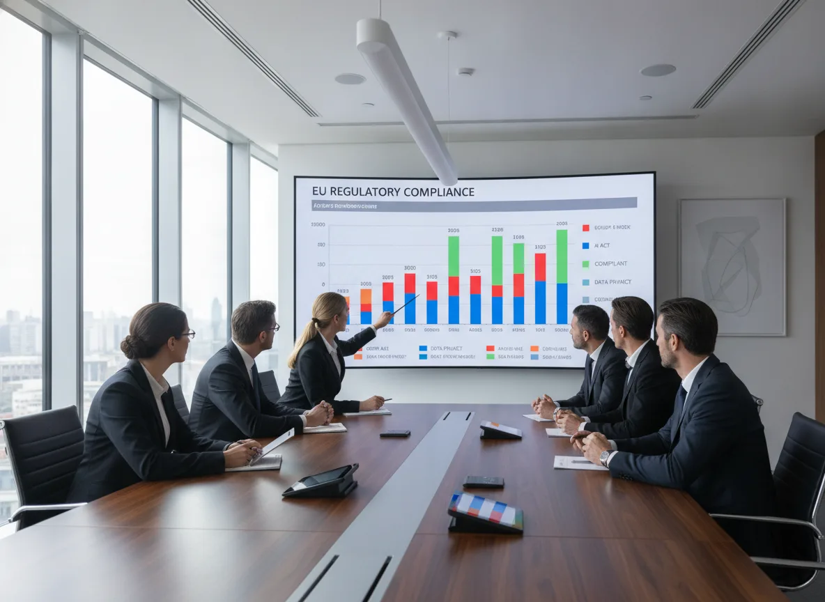Pessoas em reunião discutindo gráfico de conformidade regulatória da UE | Imagine Company - Agência de Marketing e Vendas em Goiânia - GO - BRASIL
