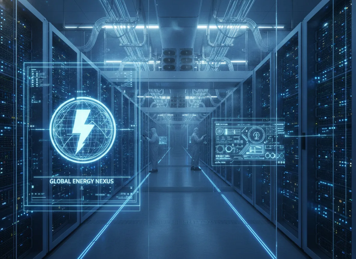 Corredor de data center com gráficos digitais de energia | Imagine Company - Agência de Marketing e Vendas em Goiânia - GO - BRASIL