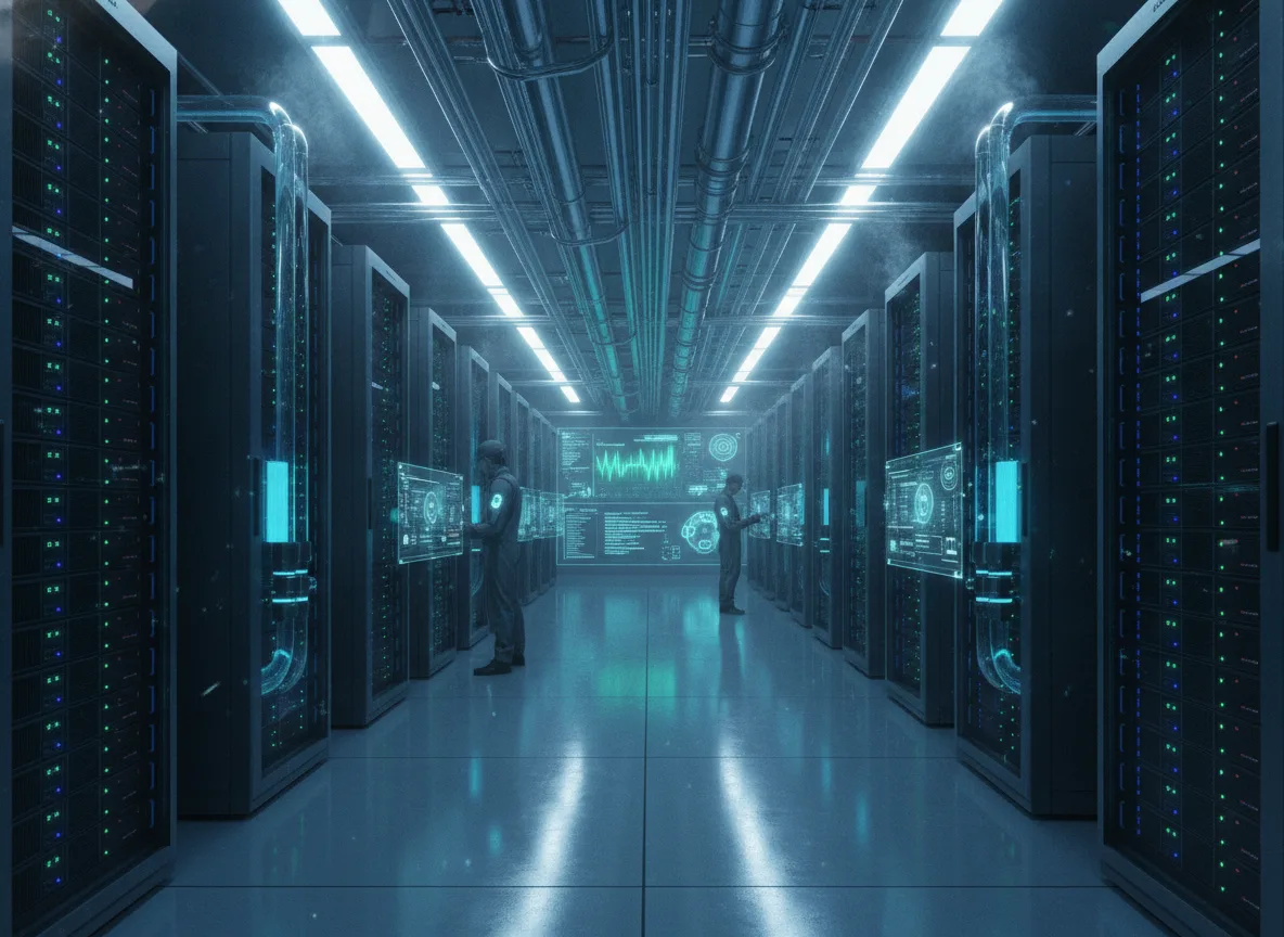 Corredor de data center com servidores e telas de IA. | Imagine Company - Agência de Marketing e Vendas em Goiânia - GO - BRASIL