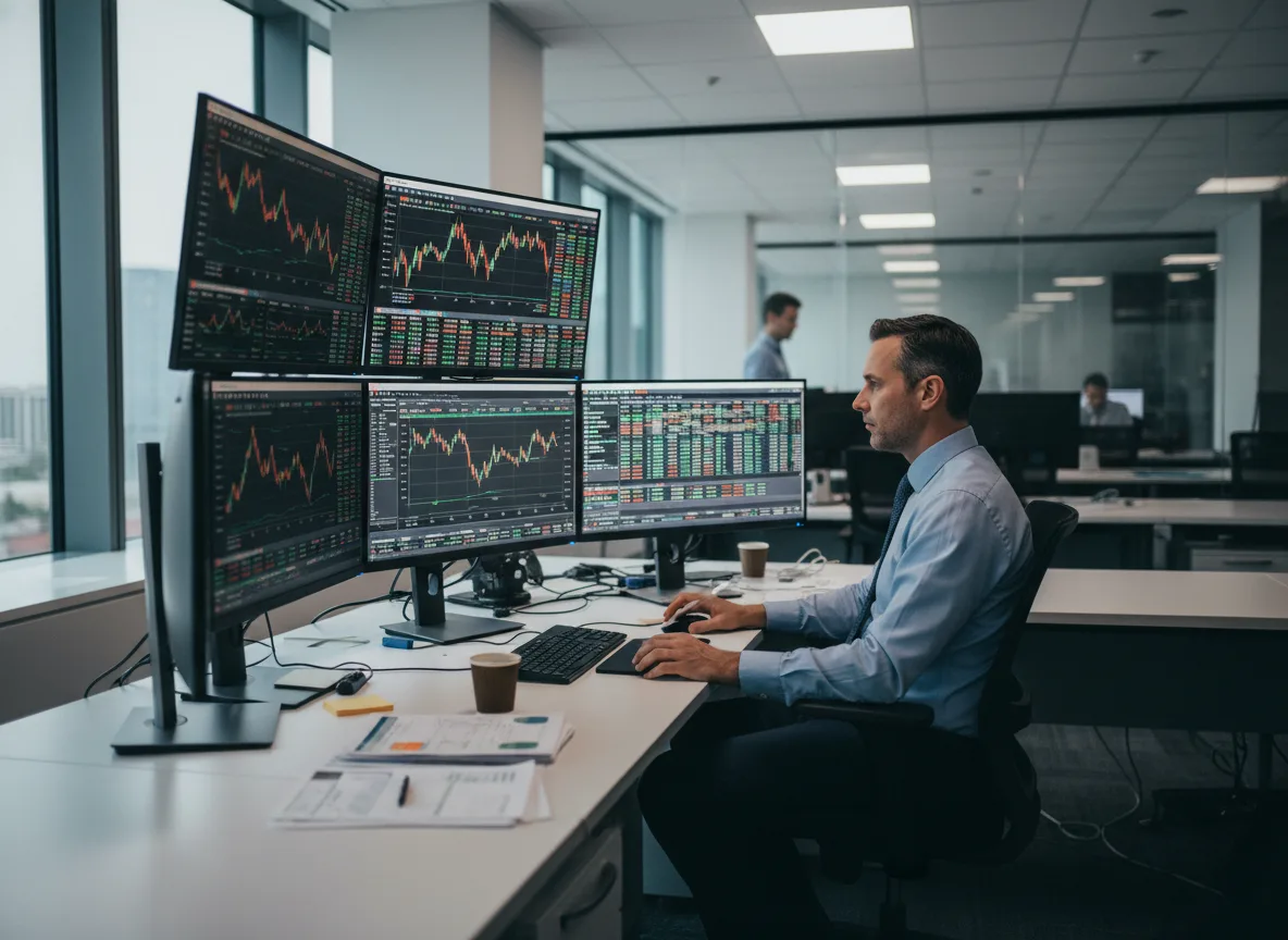Homem em escritório observa múltiplos monitores com gráficos do Ibovespa | Imagine Company - Agência de Marketing e Vendas em Goiânia - GO - BRASIL