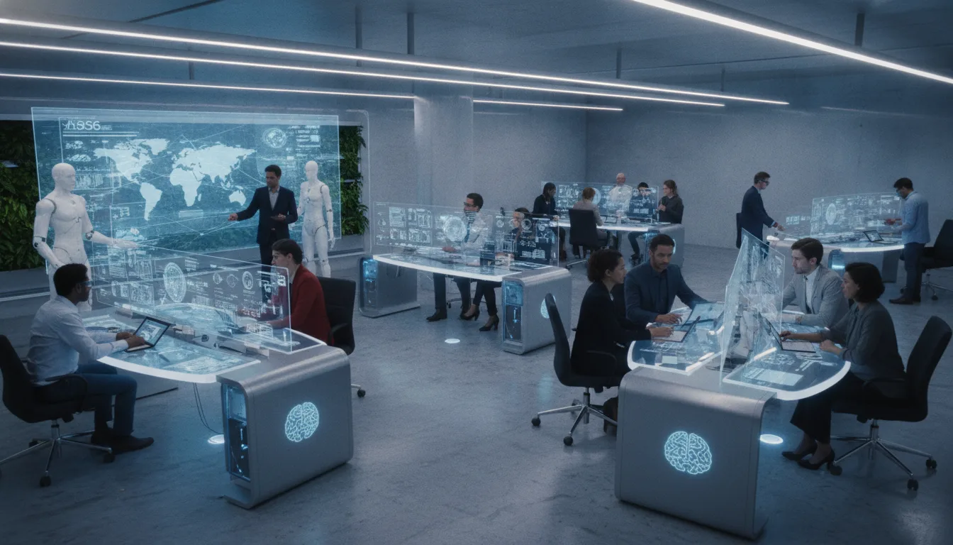 Escritório moderno com profissionais e interfaces de IA holográficas | Imagine Company - Agência de Marketing e Vendas em Goiânia - GO - BRASIL