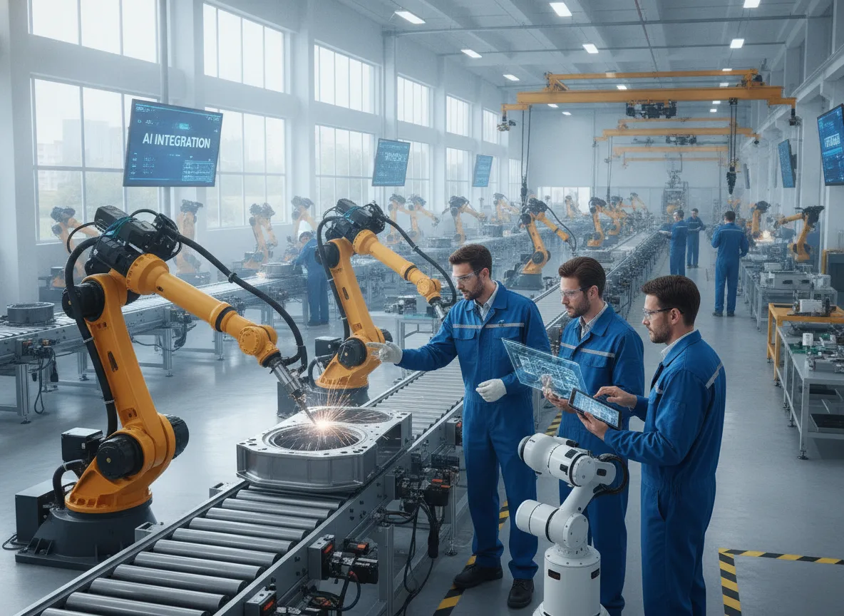 Engenheiros operando robôs industriais em fábrica com IA integrada | Imagine Company - Agência de Marketing e Vendas em Goiânia - GO - BRASIL