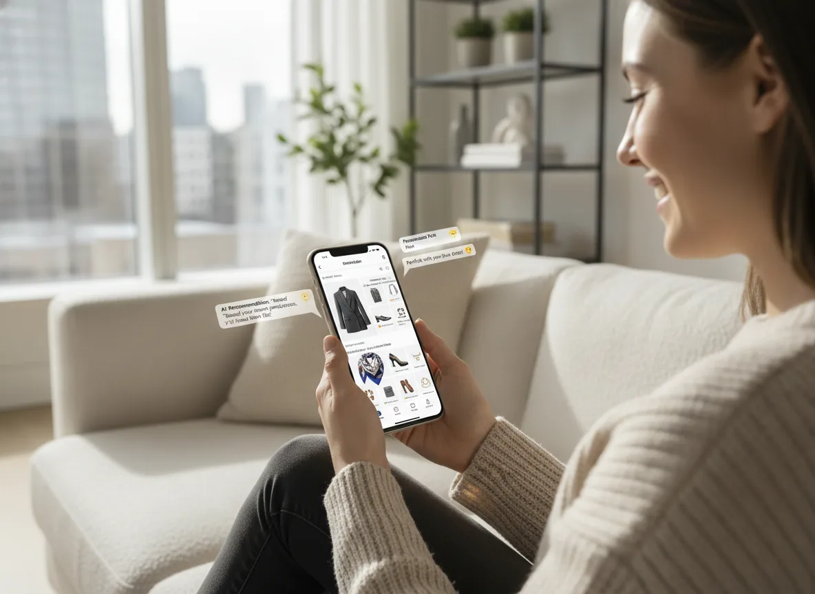 Mulher sorrindo usando smartphone para compras online com IA em 2026 | Imagine Company - Agência de Marketing e Vendas em Goiânia - GO - BRASIL
