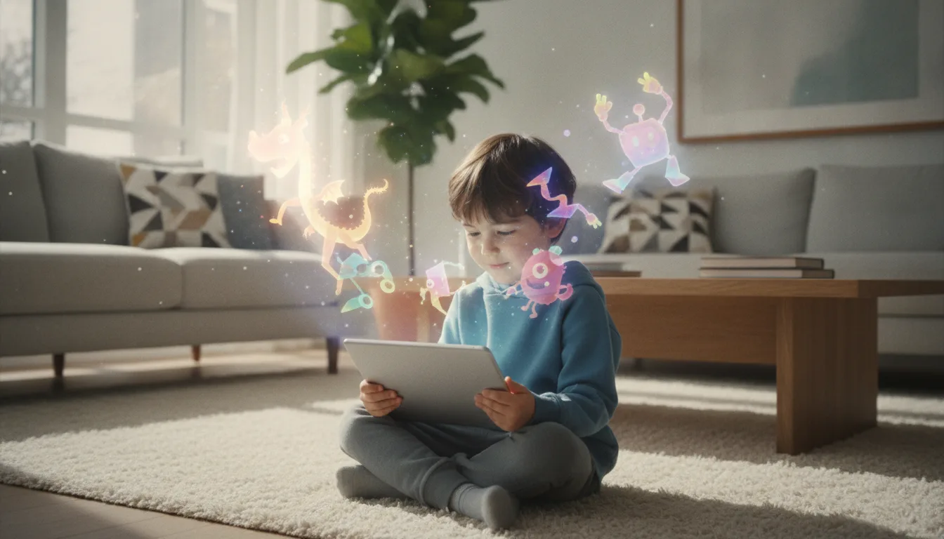 Criança com tablet e animações de IA ao redor | Imagine Company - Agência de Marketing e Vendas em Goiânia - GO - BRASIL