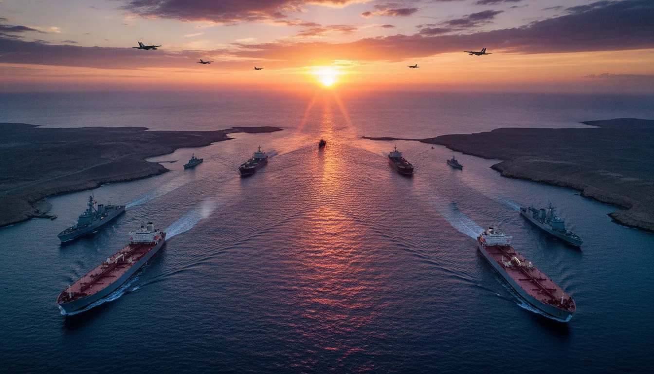 Navios e avioes militares no Golfo ao por do sol, destacando tensao regional | Imagine Company - Agência de Marketing e Vendas em Goiânia - GO - BRASIL