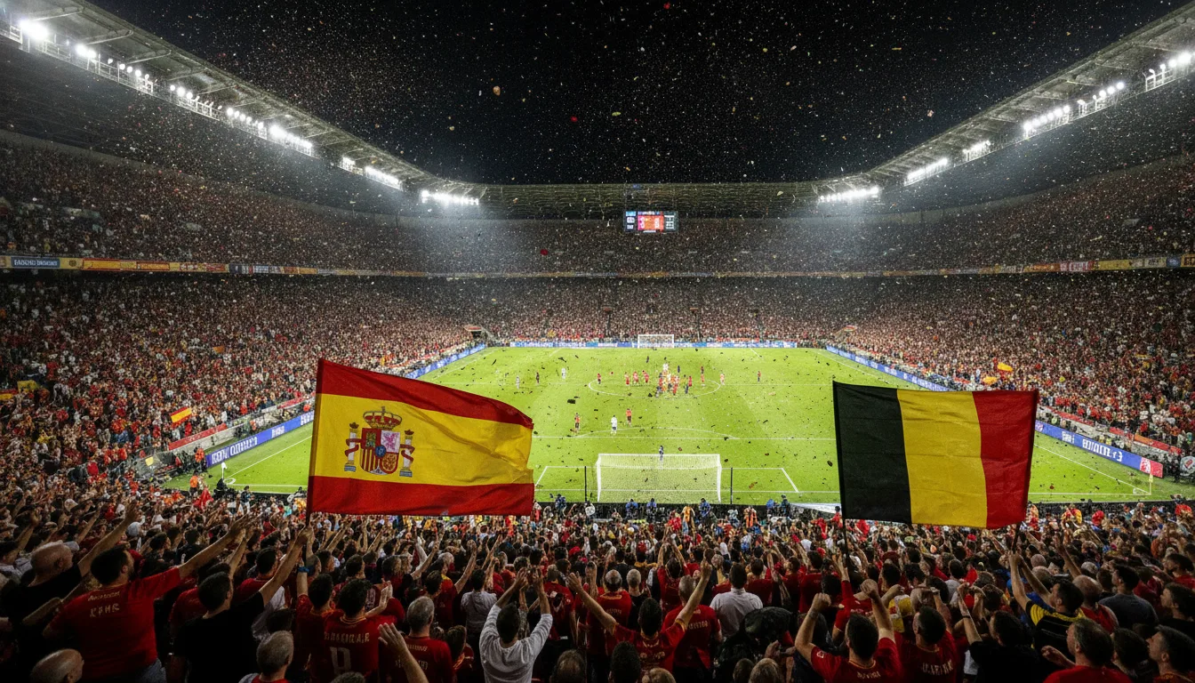 Torcedores com bandeiras da Espanha e Bélgica em estádio lotado durante jogo | Imagine Company - Agência de Marketing e Vendas em Goiânia - GO - BRASIL
