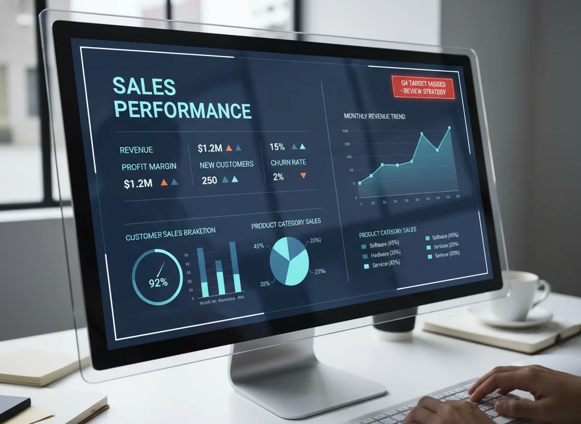 Tela de computador com gráficos de KPIs de vendas e desempenho comercial. | Imagine Company - Agência de Marketing e Vendas em Goiânia - GO - BRASIL