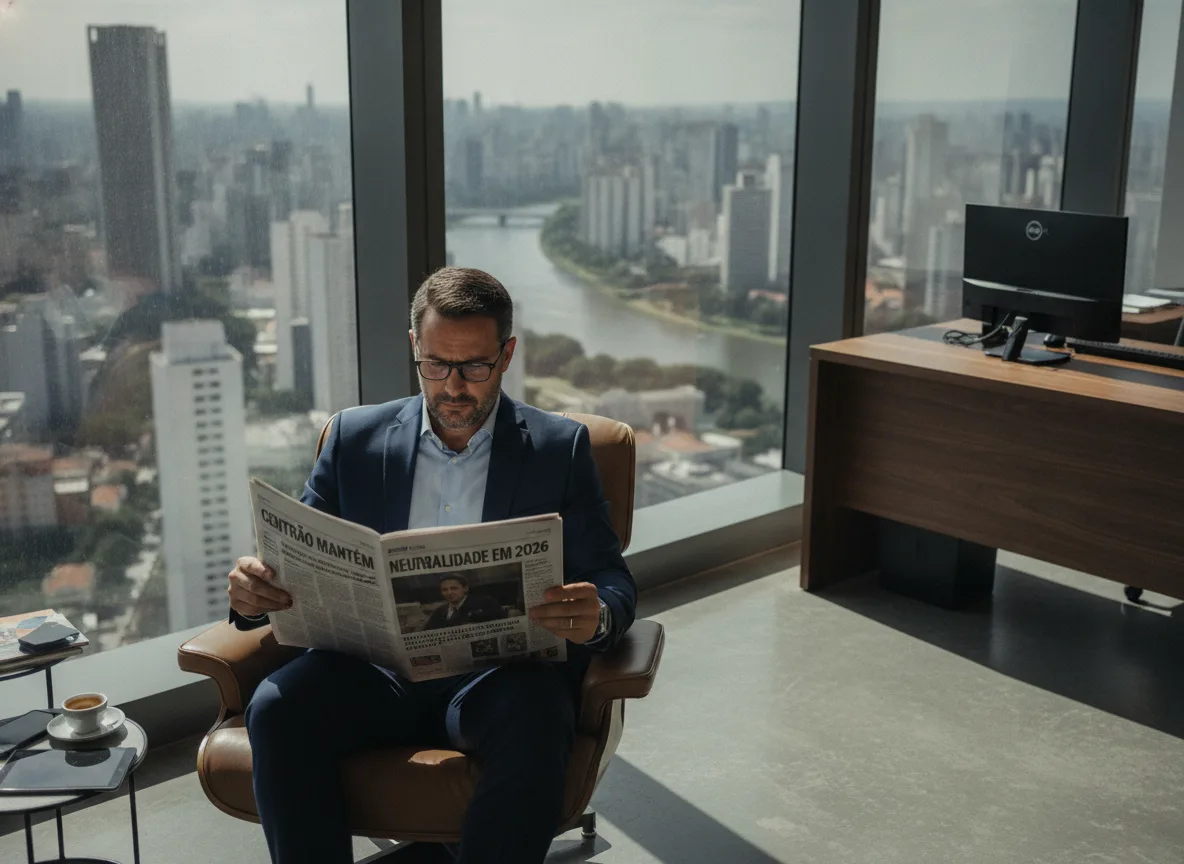 Homem de terno lendo jornal em escritório com vista para cidade | Imagine Company - Agência de Marketing e Vendas em Goiânia - GO - BRASIL