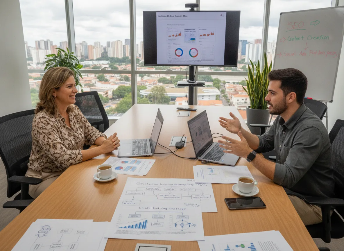 Duas pessoas em reunião sobre SEO e link building com gráficos e laptops | Imagine Company - Agência de Marketing e Vendas em Goiânia - GO - BRASIL