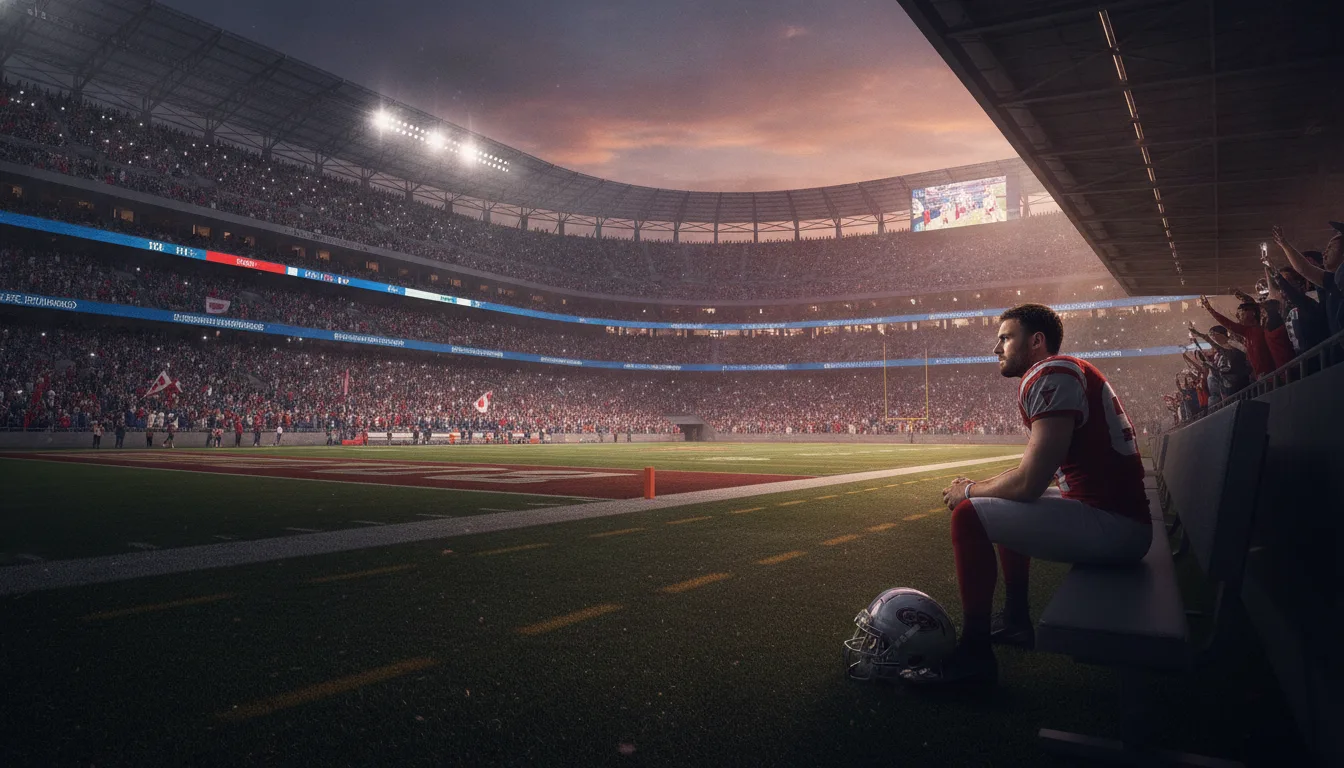 Jogador de futebol sentado no banco de reservas em estádio iluminado. | Imagine Company - Agência de Marketing e Vendas em Goiânia - GO - BRASIL
