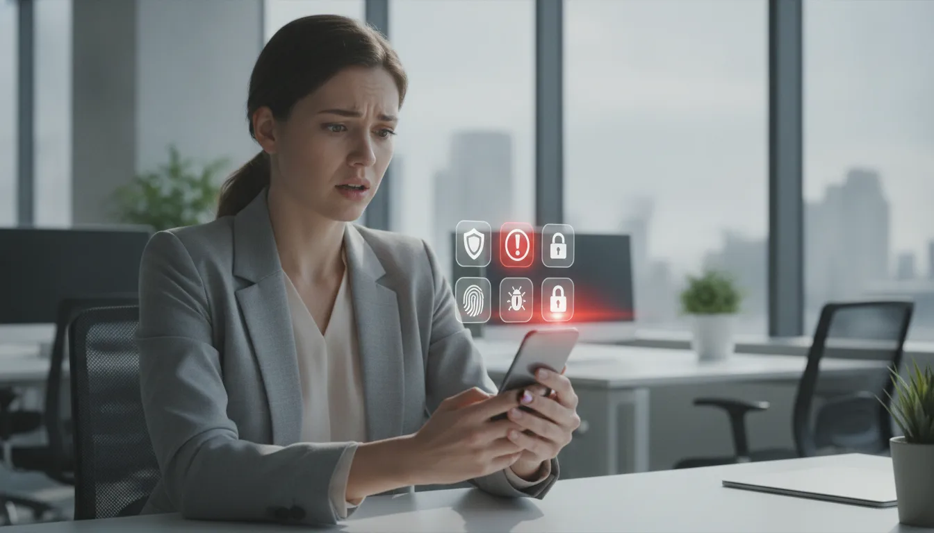 Mulher segurando celular com ícones de segurança digital | Imagine Company - Agência de Marketing e Vendas em Goiânia - GO - BRASIL