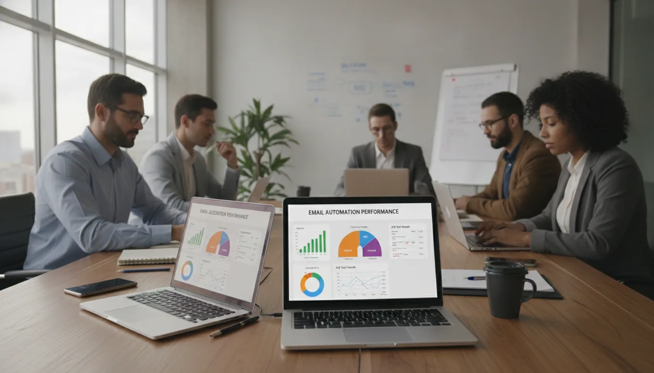 Profissionais discutem gráficos de automação de e-mail em laptops | Imagine Company - Agência de Marketing e Vendas em Goiânia - GO - BRASIL