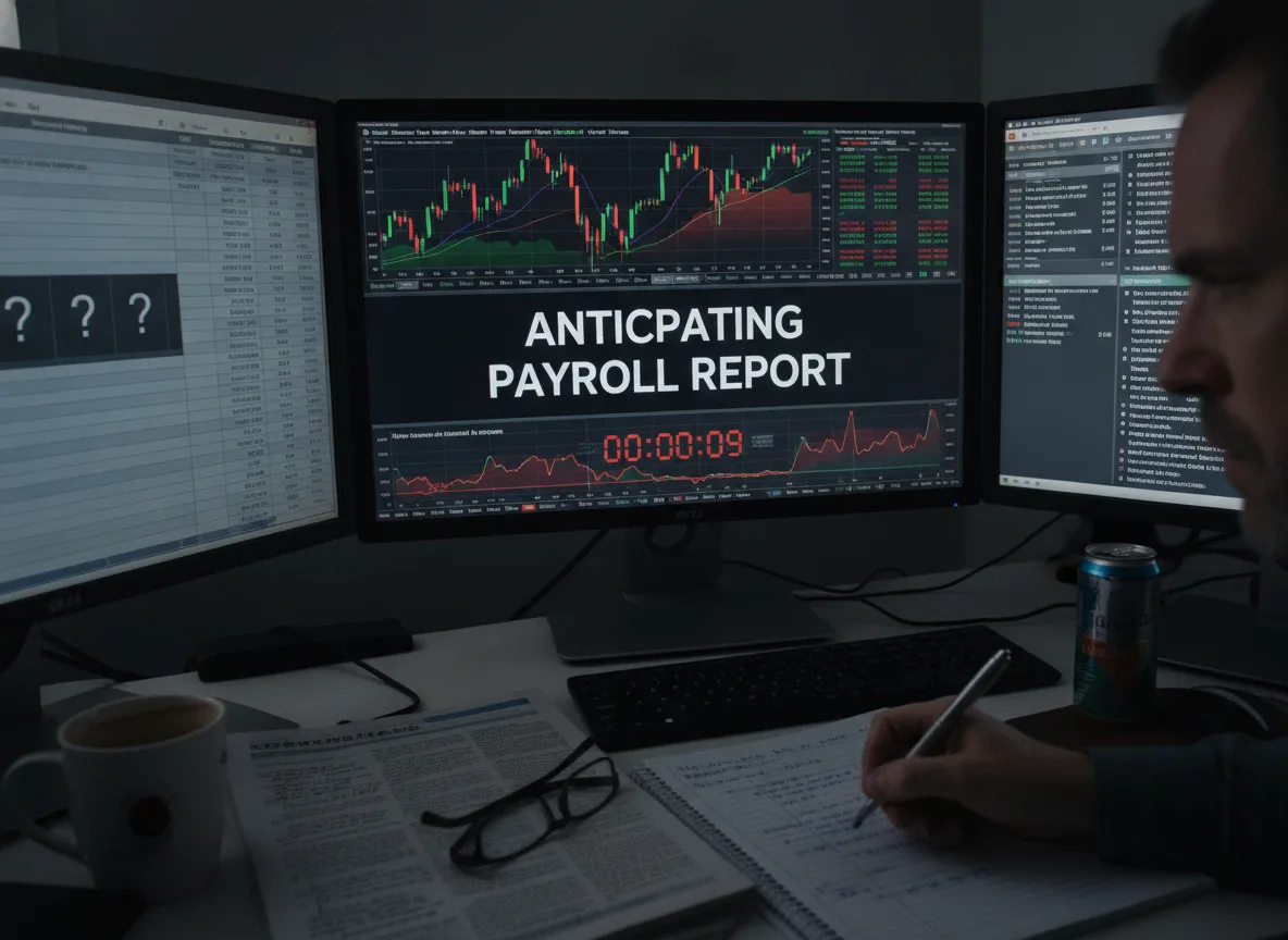 Analista observa gráficos financeiros em três monitores, aguardando relatório de payroll. | Imagine Company - Agência de Marketing e Vendas em Goiânia - GO - BRASIL
