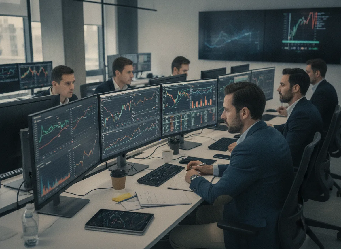 Analistas de mercado observando múltiplos monitores com gráficos de ações | Imagine Company - Agência de Marketing e Vendas em Goiânia - GO - BRASIL