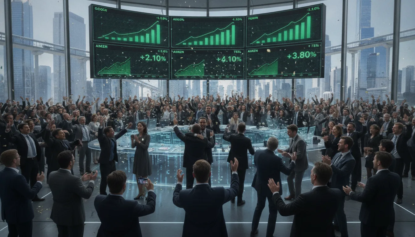 Investidores celebram em frente a telas com gráficos de alta no mercado financeiro | Imagine Company - Agência de Marketing e Vendas em Goiânia - GO - BRASIL