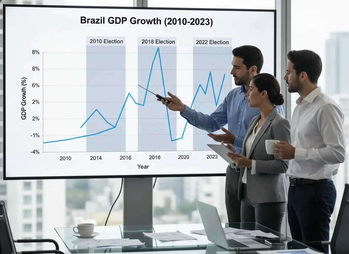 Profissionais analisam gráfico de crescimento do PIB de 2010 a 2023 | Imagine Company - Agência de Marketing e Vendas em Goiânia - GO - BRASIL