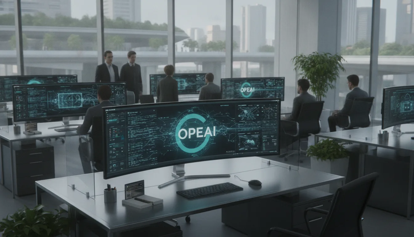 Escritório com computadores exibindo dados da OpenAI e pessoas ao fundo | Imagine Company - Agência de Marketing e Vendas em Goiânia - GO - BRASIL