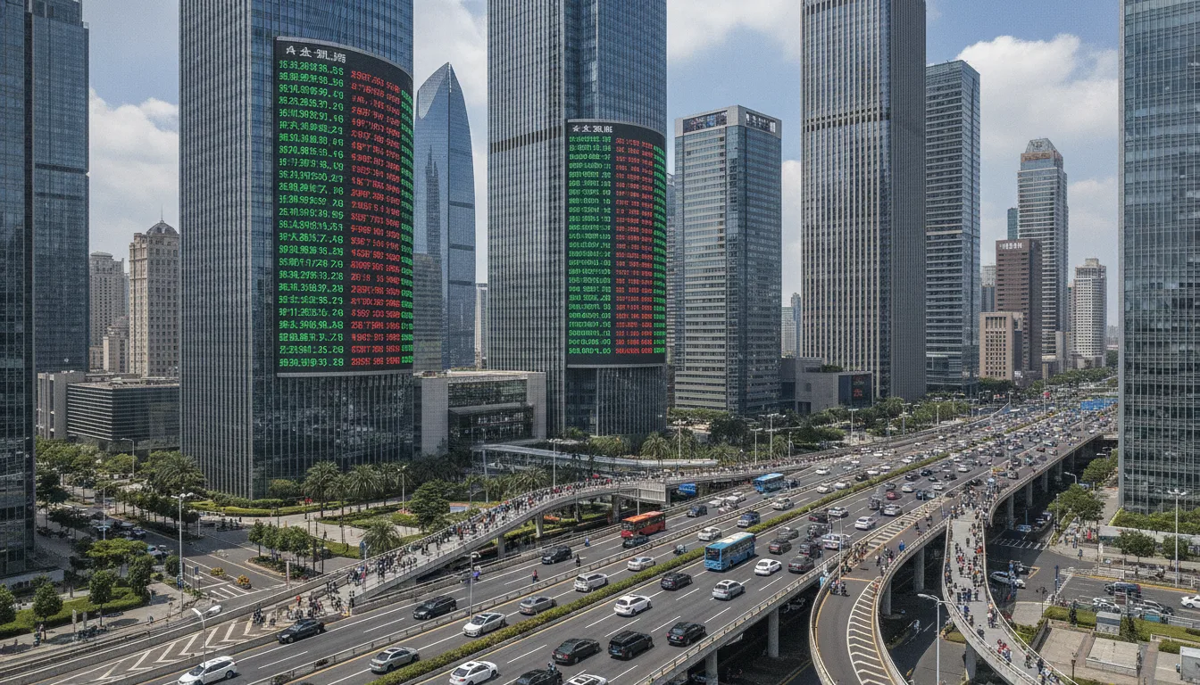 Imagem de prédios altos com telas exibindo dados financeiros, simbolizando Panda Bonds e financiamento futuro | Imagine Company - Agência de Marketing e Vendas em Goiânia - GO - BRASIL