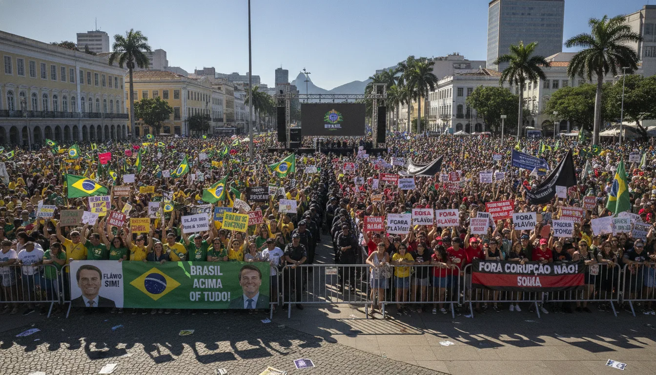 Multidão em protesto com bandeiras do Brasil e cartazes em praça pública | Imagine Company - Agência de Marketing e Vendas em Goiânia - GO - BRASIL