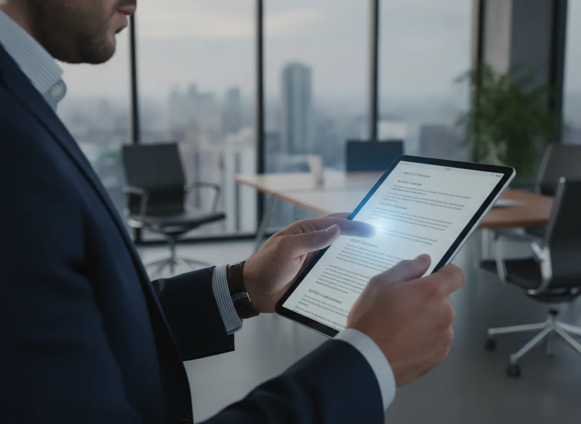 Homem de terno segurando tablet com documento em escritório moderno | Imagine Company - Agência de Marketing e Vendas em Goiânia - GO - BRASIL
