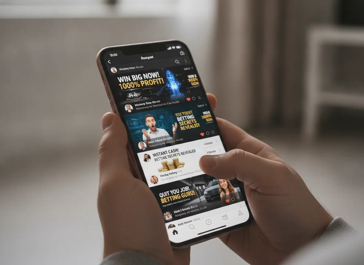 Pessoa segurando smartphone com vídeos enganosos da Polymarket | Imagine Company - Agência de Marketing e Vendas em Goiânia - GO - BRASIL
