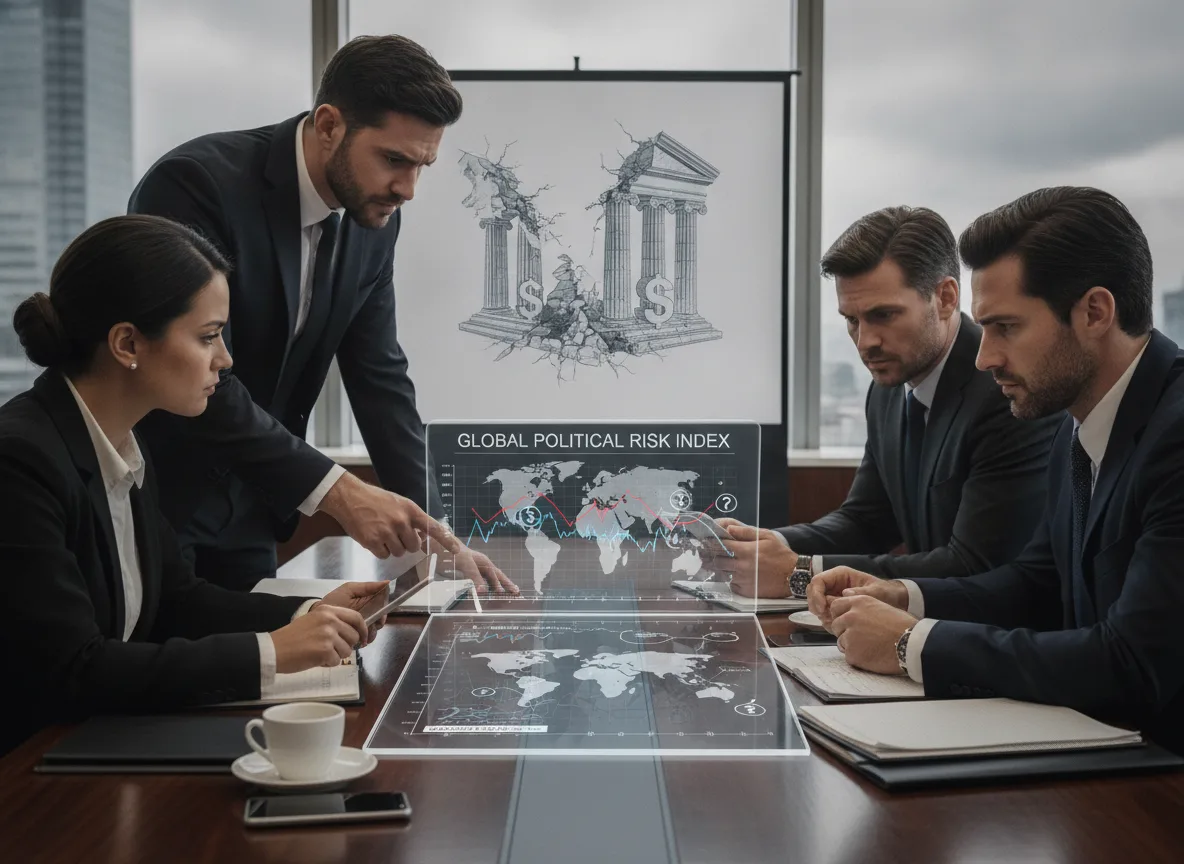 Quatro executivos em reunião discutindo índice de risco político global | Imagine Company - Agência de Marketing e Vendas em Goiânia - GO - BRASIL