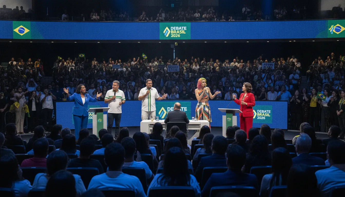 Candidatos em debate presidencial 2026 com público presente. | Imagine Company - Agência de Marketing e Vendas em Goiânia - GO - BRASIL