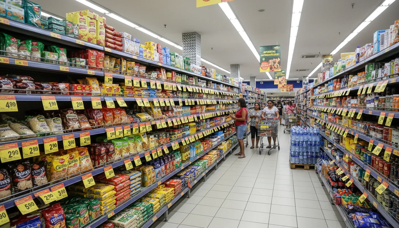 Clientes em supermercado analisando preços em prateleiras cheias de produtos | Imagine Company - Agência de Marketing e Vendas em Goiânia - GO - BRASIL