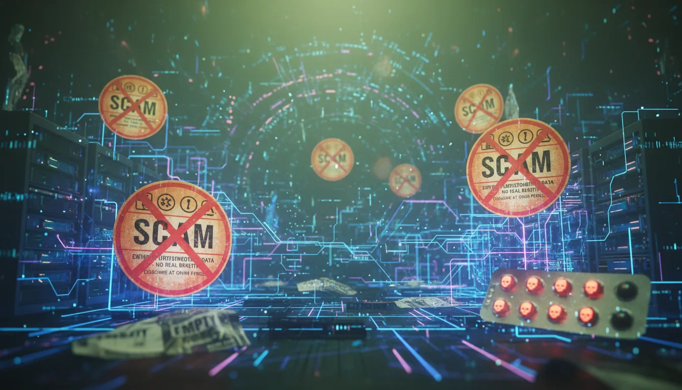 Ilustração de golpes online como remédios vencidos em cenário digital | Imagine Company - Agência de Marketing e Vendas em Goiânia - GO - BRASIL