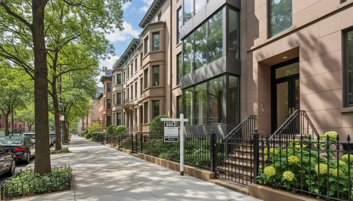Rua arborizada com casas e placa de 'vendido' em Nova York | Imagine Company - Agência de Marketing e Vendas em Goiânia - GO - BRASIL