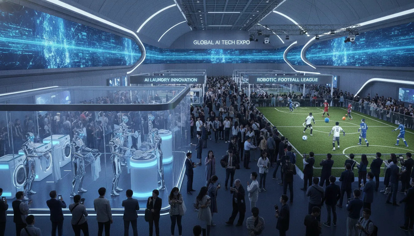 Imagem de robôs em exposição lavando roupa e jogando futebol em um evento de tecnologia. | Imagine Company - Agência de Marketing e Vendas em Goiânia - GO - BRASIL