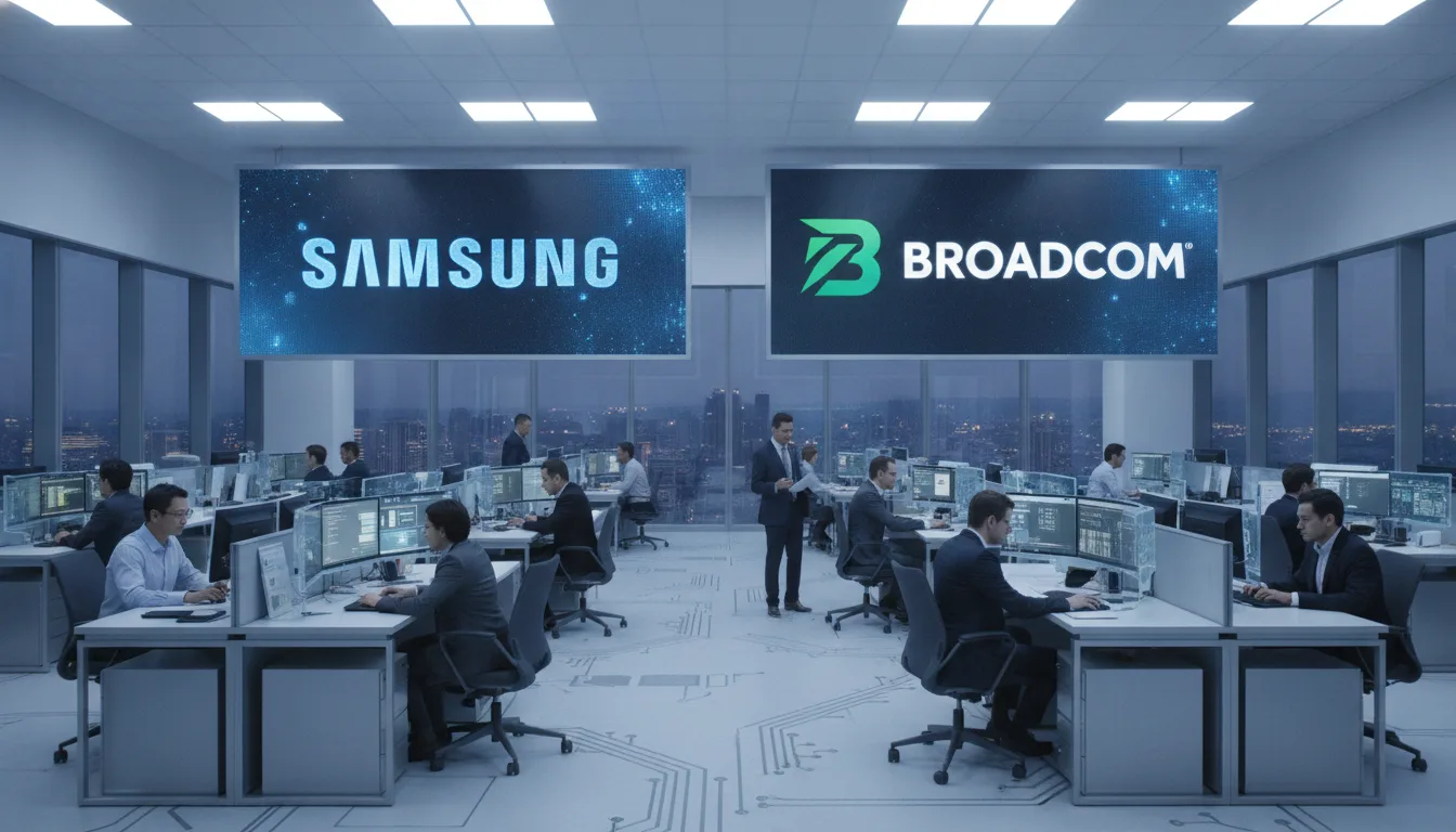 Escritório moderno com logos da Samsung e Broadcom em telas | Imagine Company - Agência de Marketing e Vendas em Goiânia - GO - BRASIL