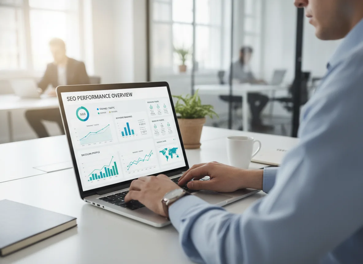 Pessoa trabalhando em laptop com gráficos de desempenho de SEO na tela | Imagine Company - Agência de Marketing e Vendas em Goiânia - GO - BRASIL