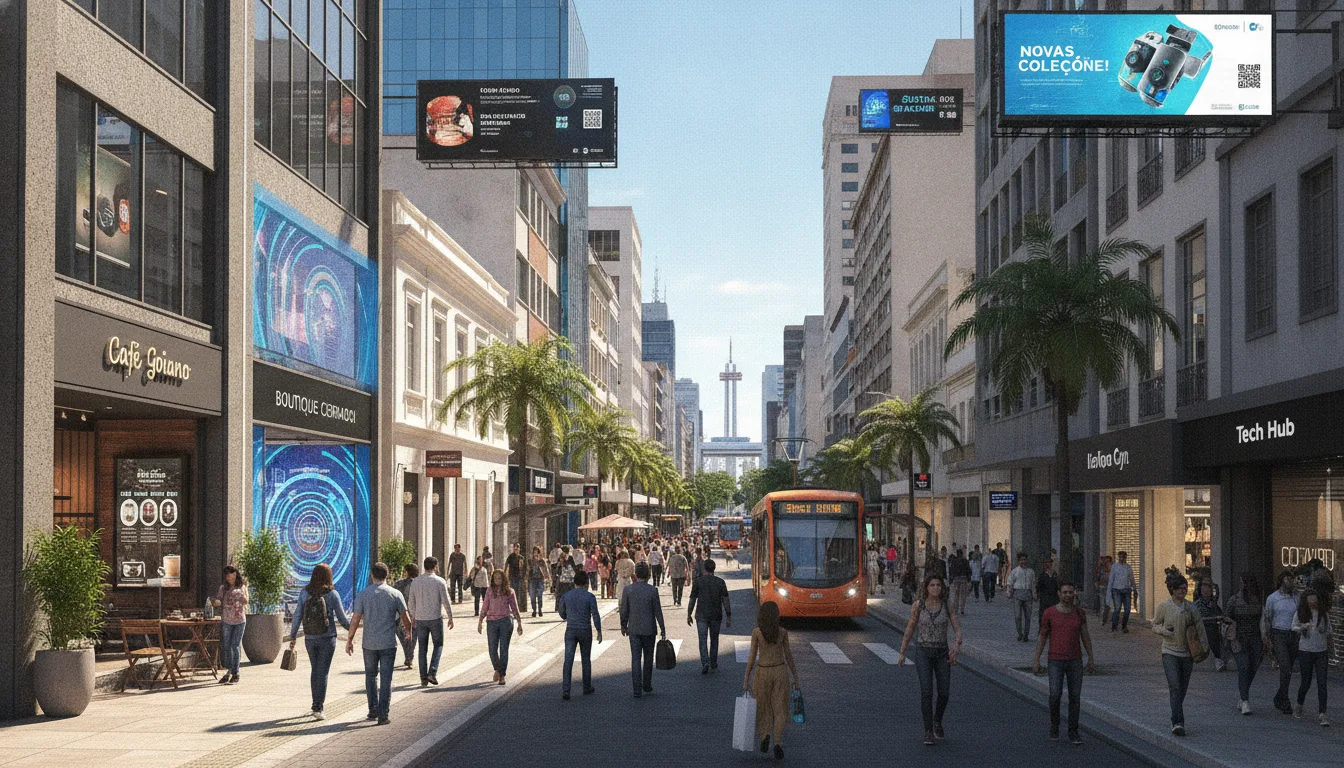 Rua comercial em Goiânia com pedestres, lojas e um ônibus ao centro | Imagine Company - Agência de Marketing e Vendas em Goiânia - GO - BRASIL