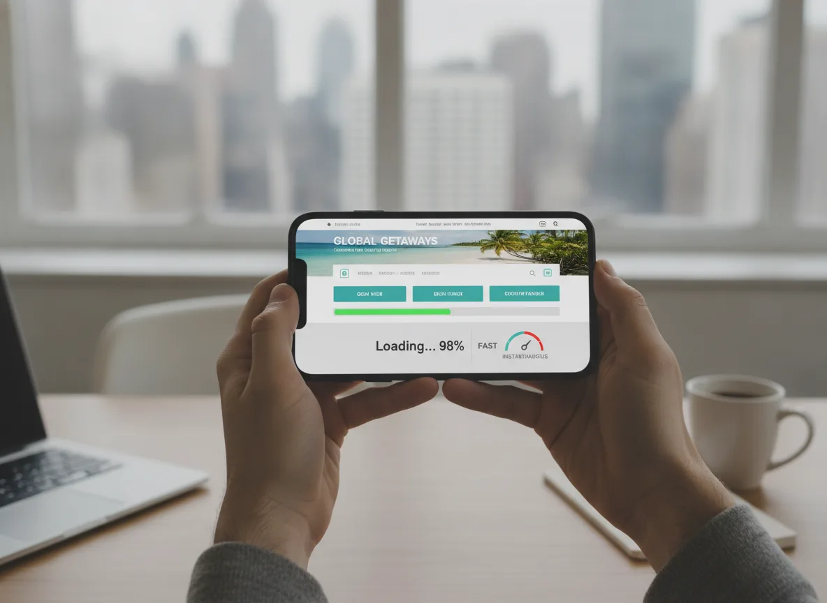 Pessoa segurando smartphone com site carregando, foco em SEO técnico | Imagine Company - Agência de Marketing e Vendas em Goiânia - GO - BRASIL