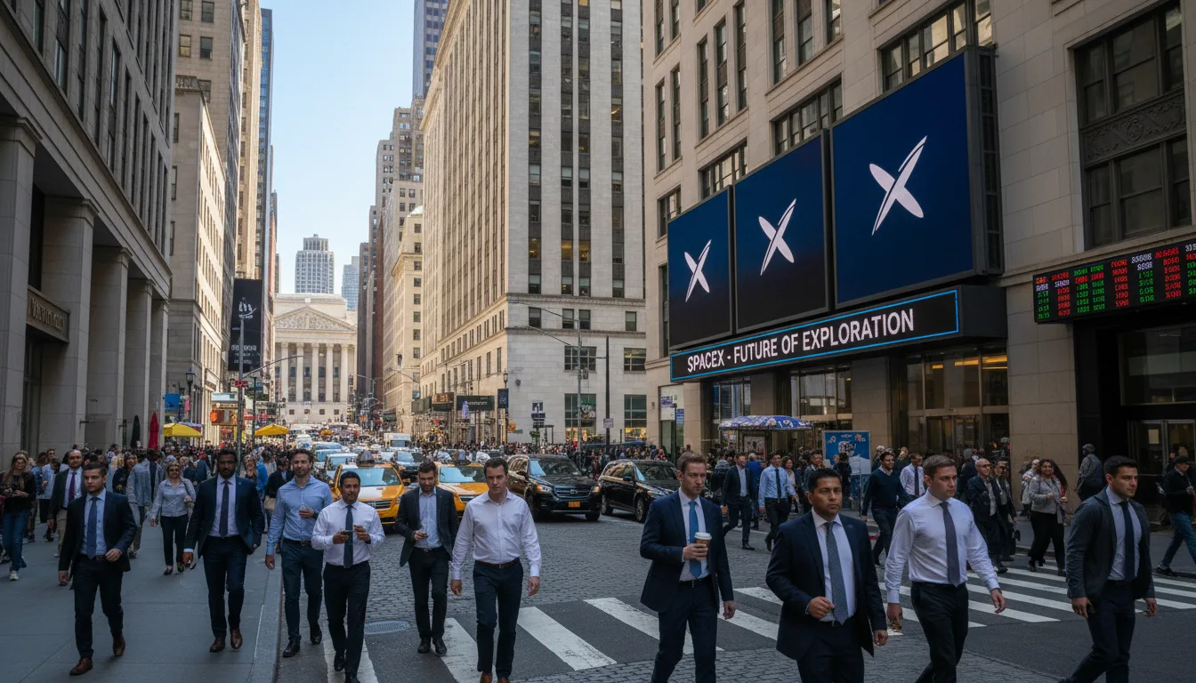 Multidão em Wall Street com painéis da SpaceX sobre IPO | Imagine Company - Agência de Marketing e Vendas em Goiânia - GO - BRASIL