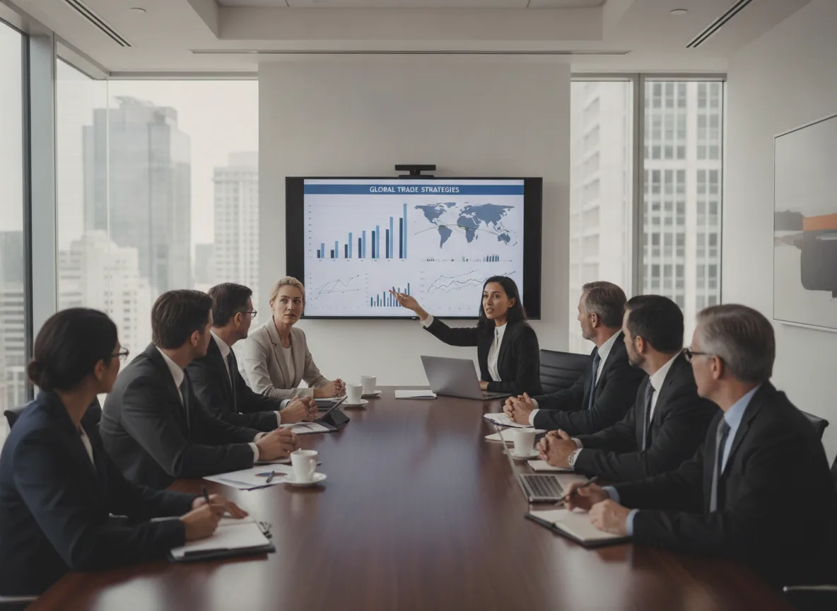 Profissionais em reunião discutindo tarifas de 25% com gráficos e mapas | Imagine Company - Agência de Marketing e Vendas em Goiânia - GO - BRASIL