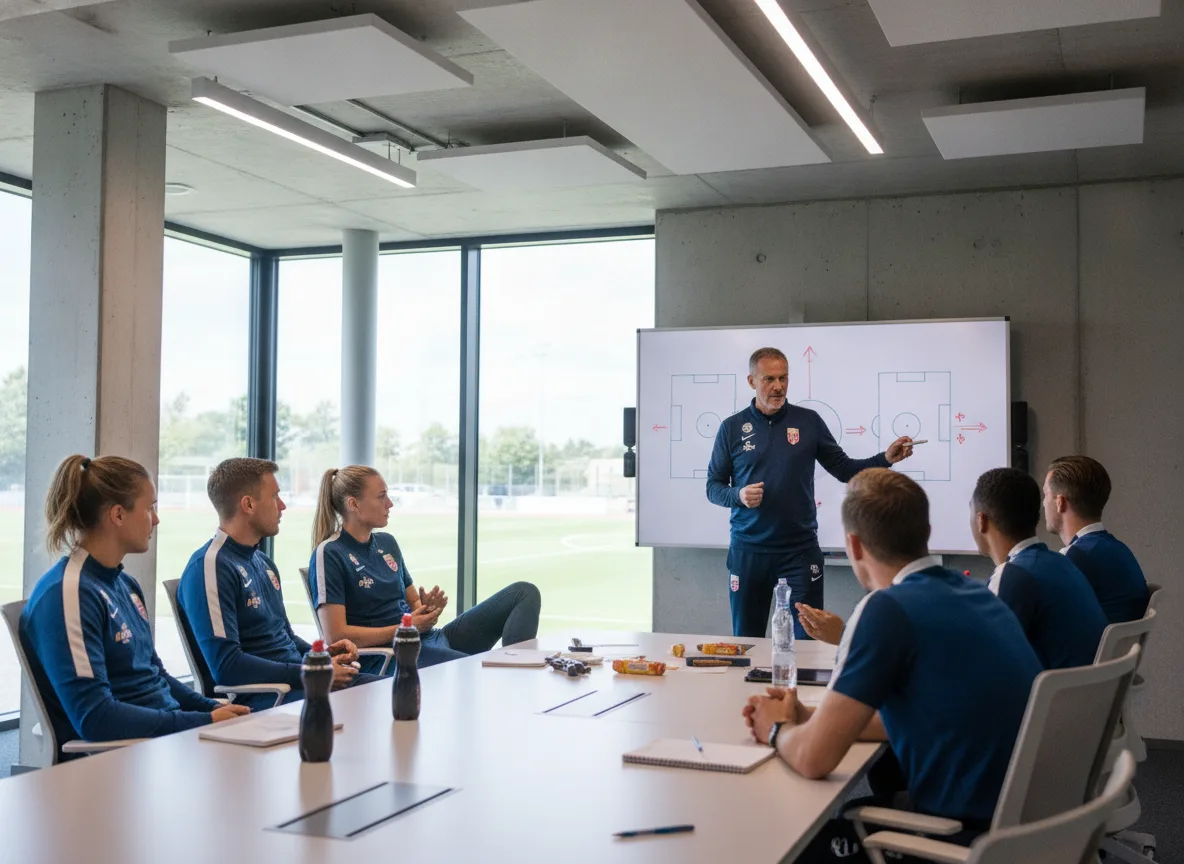 Técnico da Noruega apresenta estratégia em quadro branco para jogadores em sala de reunião | Imagine Company - Agência de Marketing e Vendas em Goiânia - GO - BRASIL