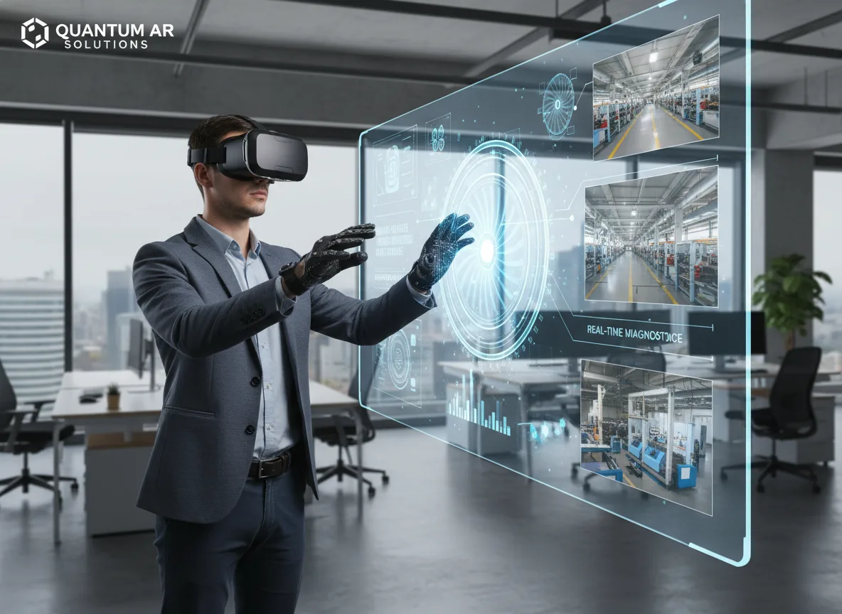 Homem com óculos VR interagindo com tela digital em escritório moderno | Imagine Company - Agência de Marketing e Vendas em Goiânia - GO - BRASIL