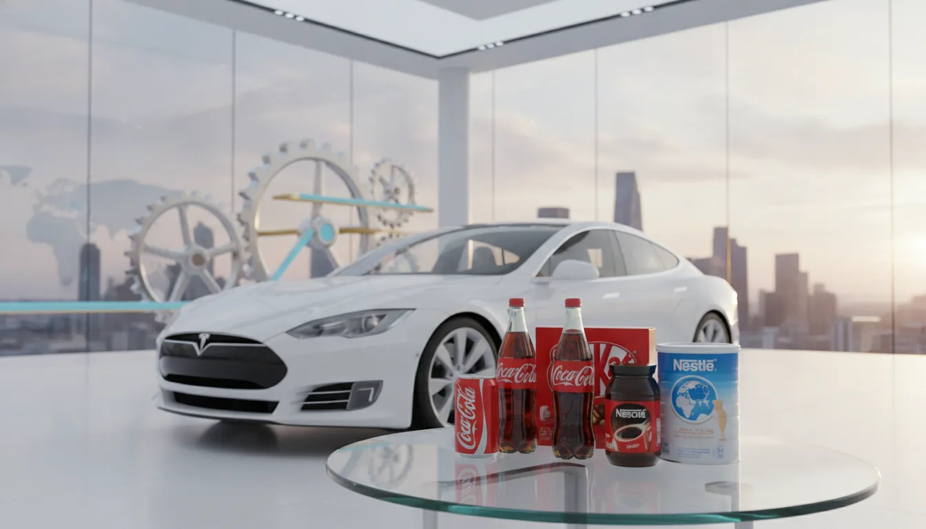 Carro Tesla branco ao lado de produtos Coca-Cola e Nestlé em ambiente moderno | Imagine Company - Agência de Marketing e Vendas em Goiânia - GO - BRASIL