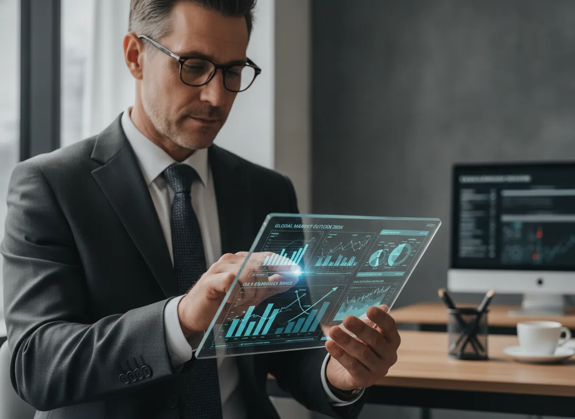 Homem de terno analisando gráficos financeiros em um tablet transparente | Imagine Company - Agência de Marketing e Vendas em Goiânia - GO - BRASIL