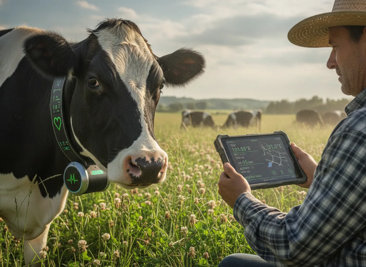 Fazendeiro monitora vaca com sensor em campo aberto usando tablet | Imagine Company - Agência de Marketing e Vendas em Goiânia - GO - BRASIL