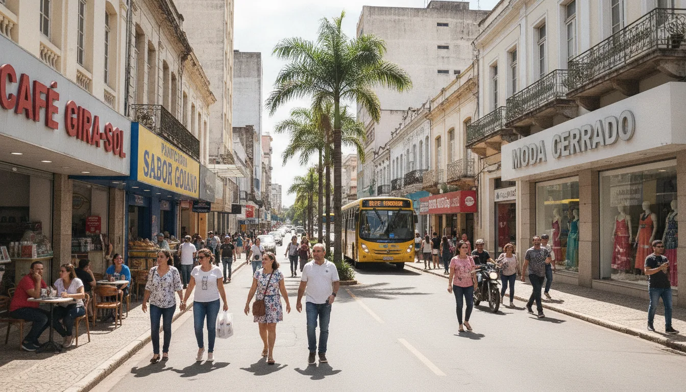 Rua movimentada em Goiânia com pedestres e lojas, destacando SEO local. | Imagine Company - Agência de Marketing e Vendas em Goiânia - GO - BRASIL
