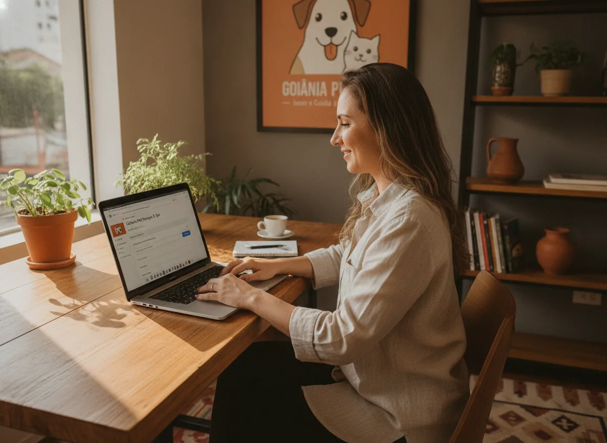 Mulher usando laptop em escritório, foco em SEO local em Goiânia | Imagine Company - Agência de Marketing e Vendas em Goiânia - GO - BRASIL