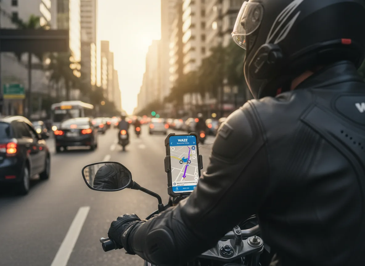 Motociclista usando Waze com IA em avenida movimentada | Imagine Company - Agência de Marketing e Vendas em Goiânia - GO - BRASIL