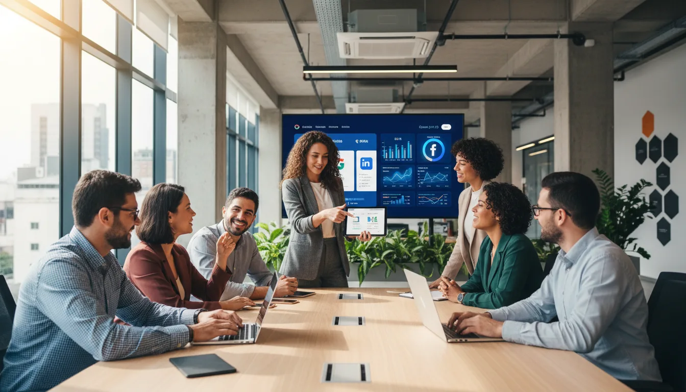 Profissionais em reunião analisando dados de tráfego pago em tela | Imagine Company - Agência de Marketing e Vendas em Goiânia - GO - BRASIL