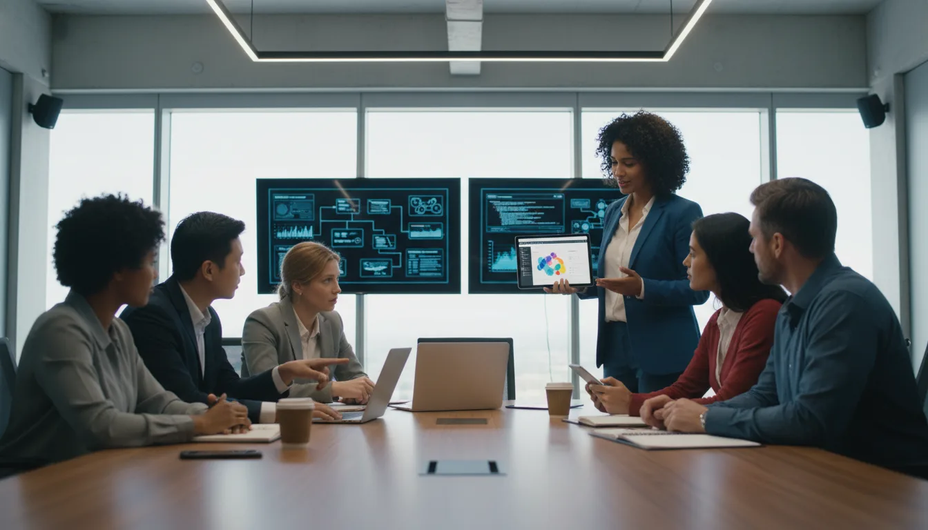 Profissionais em reunião analisando gráficos e dados em telas | Imagine Company - Agência de Marketing e Vendas em Goiânia - GO - BRASIL