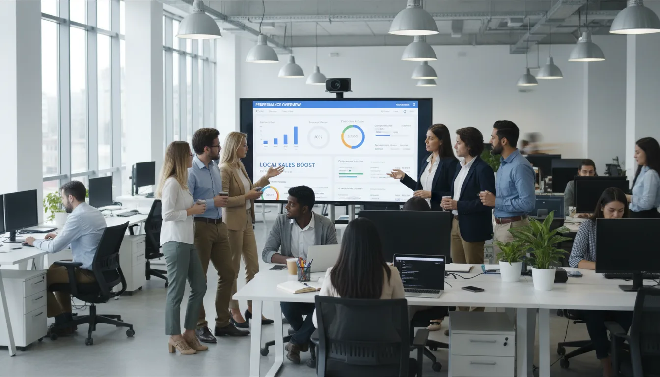 Equipe de marketing em reunião analisando dados em tela grande | Imagine Company - Agência de Marketing e Vendas em Goiânia - GO - BRASIL